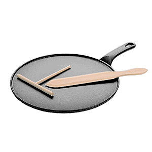 Сковорода для блинов с лопаткой и шпателем; чугун, дерево; диаметр=30, высота=4.5, длина=43 см.; цвет: черный,бежевая