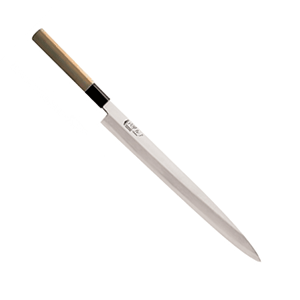 Нож янагиба для суши, сашими; сталь, дерево; длина=36/21, ширина=3.5 см.; металлический,св. дерево