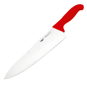 Нож поварской; сталь, пластик; длина=30, ширина=3 см.; металлический, красный