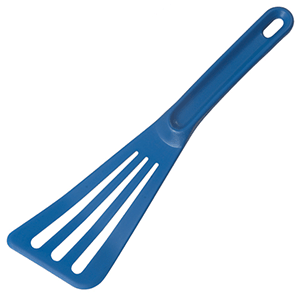 Лопатка кухонная перфорированная «Экзогласс»; пластик; высота=2.5, длина=30, ширина=9 см.; голубой