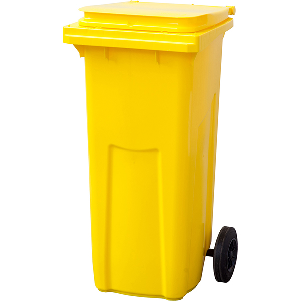 Контейнер для мусора на обрезиненных колесах; пластик; 120л; H=95,L=48,B=48см; желтый 