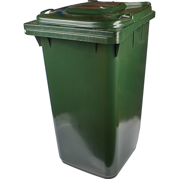 Контейнер для мусора на обрезиненных колесах; пластик; 240л; высота=119, длина=58, ширина=74 см.; зеленый