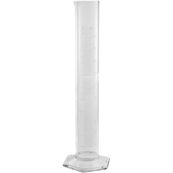 Цилиндр мерный ГОСТ-1770-74; стекло; объем: 1 литр; диаметр=65/110, высота=445 мм; прозрачный