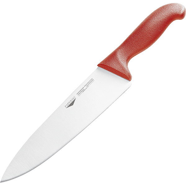 Нож поварской; сталь, пластик; длина=30, ширина=3 см.; металлический, красный