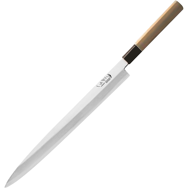 Нож янагиба для суши, сашими; сталь, дерево; длина=49/32, ширина=3.5 см.; металлический,св. дерево