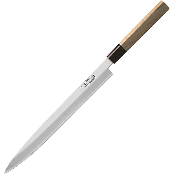 Нож янагиба для суши, сашими; сталь, дерево; длина=45/30, ширина=3.5 см.; металлический,св. дерево