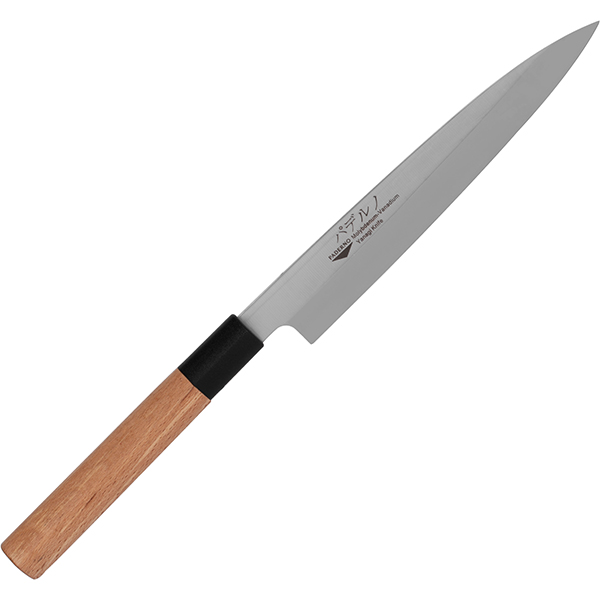 Нож янагиба для суши, сашими; сталь, дерево; длина=36/21, ширина=3.5 см.; металлический,св. дерево