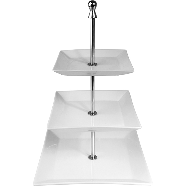 Этажерка 3-х ярусная квадратная для десерта «Кунстверк» 16,19,25 см.; материал: фарфор,сталь; высота=42 см.; белый, металлический