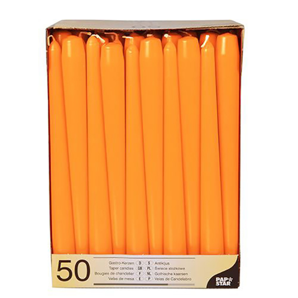 Свечи (50 штук); парафиновые со стеарином; диаметр=2.2, высота=25 см.; оранжевый цвет