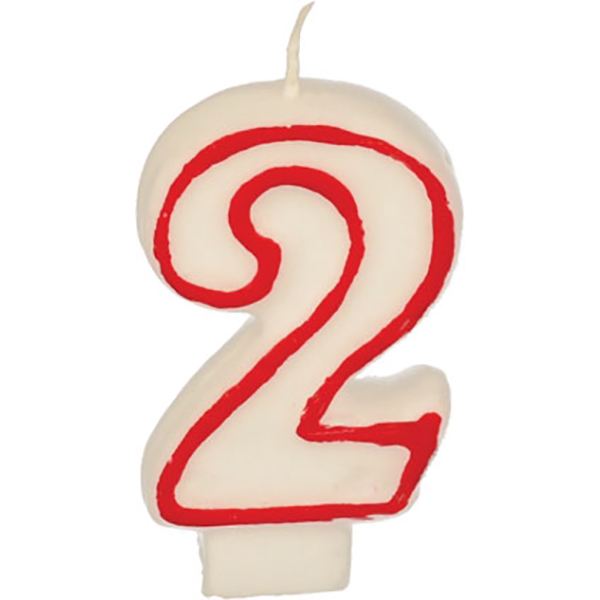 Свеча-цифра ко дню рождения «2»; воск; высота=16, длина=141/74, ширина=80 мм; белый,красный