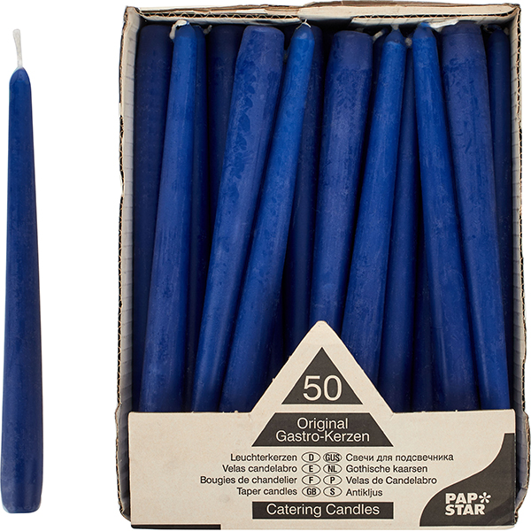 Свечи (50 штук); парафиновые со стеарином ; диаметр=25, высота=245, длина=255, ширина=190 мм; синий