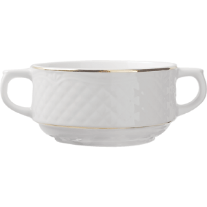 Супница, Бульонница (бульонная чашка) с ручками «Афродита»; материал: фарфор; 300 мл; диаметр=10, высота=5, длина=14.5 см.; белый, цвет: золотой