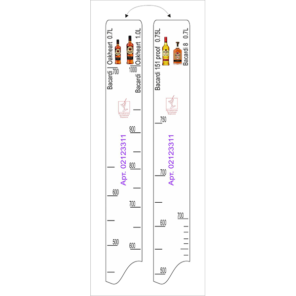 Линейка «Бакарди Оакхерт» 0.7,объем: 1 литр/151 0.75,8лет  пластик  высота=28, ширина=2 см. STEK
