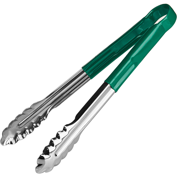 Щипцы универсальные с зеленой ручкой «Проотель»; сталь нержавеющая,резина; L=30см