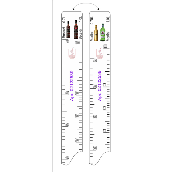 Линейка «Мартини0.75,объем: 1 литр Бакарди0.75,объем: 1 литр»  пластик  длина=28, ширина=2 см. STEK